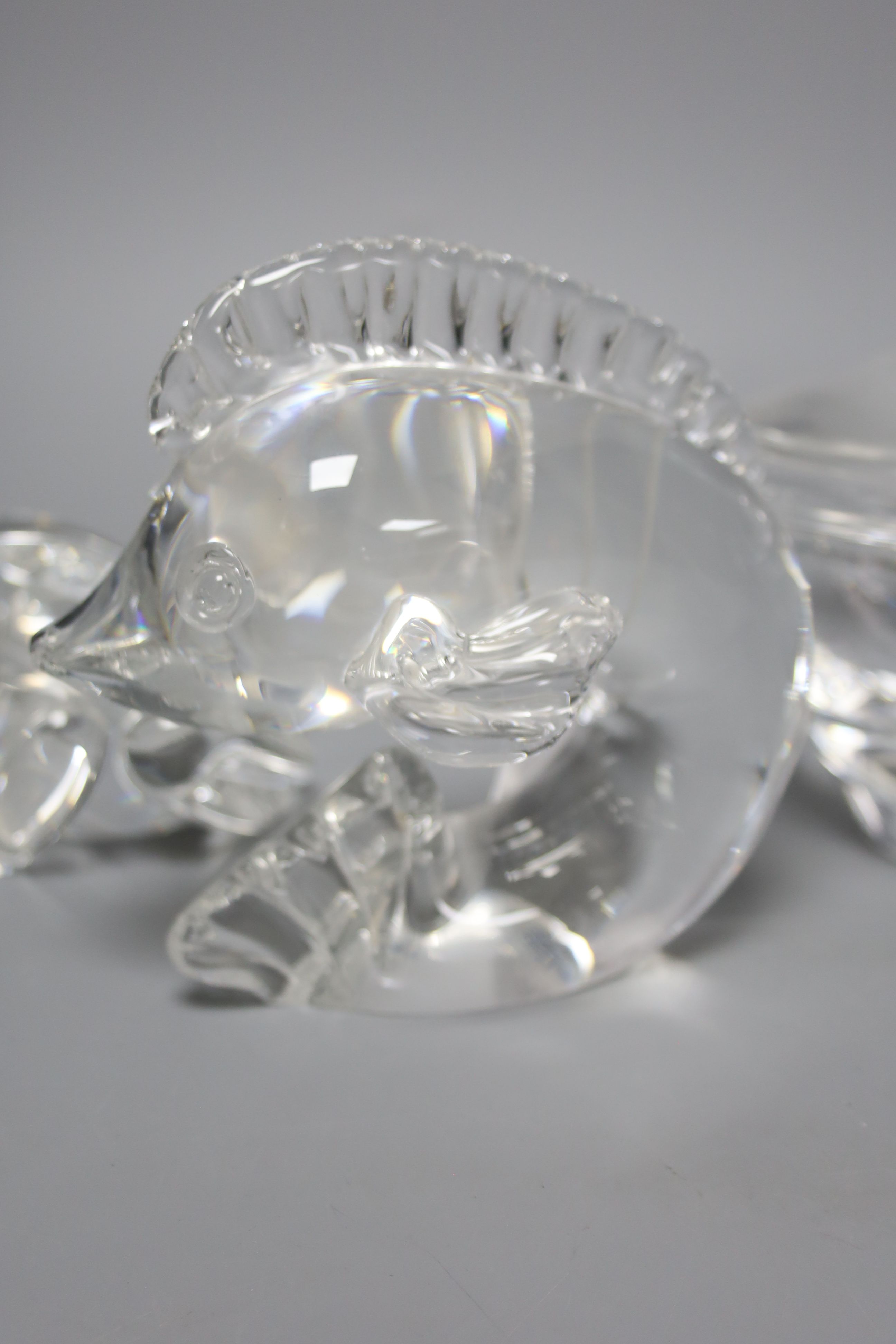 Three Steuben heavy moulded glass animals (penguin, frog and dolphin) and two other items,